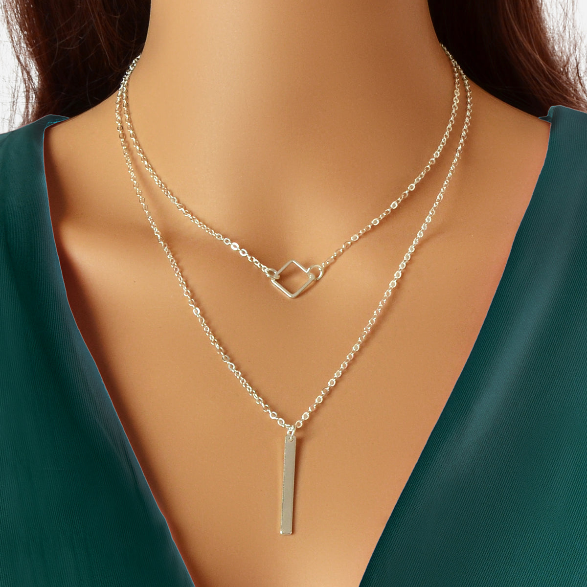 Collana a Doppio Strato con Ciondolo a Barra – Argento 37,5/44,5 cm