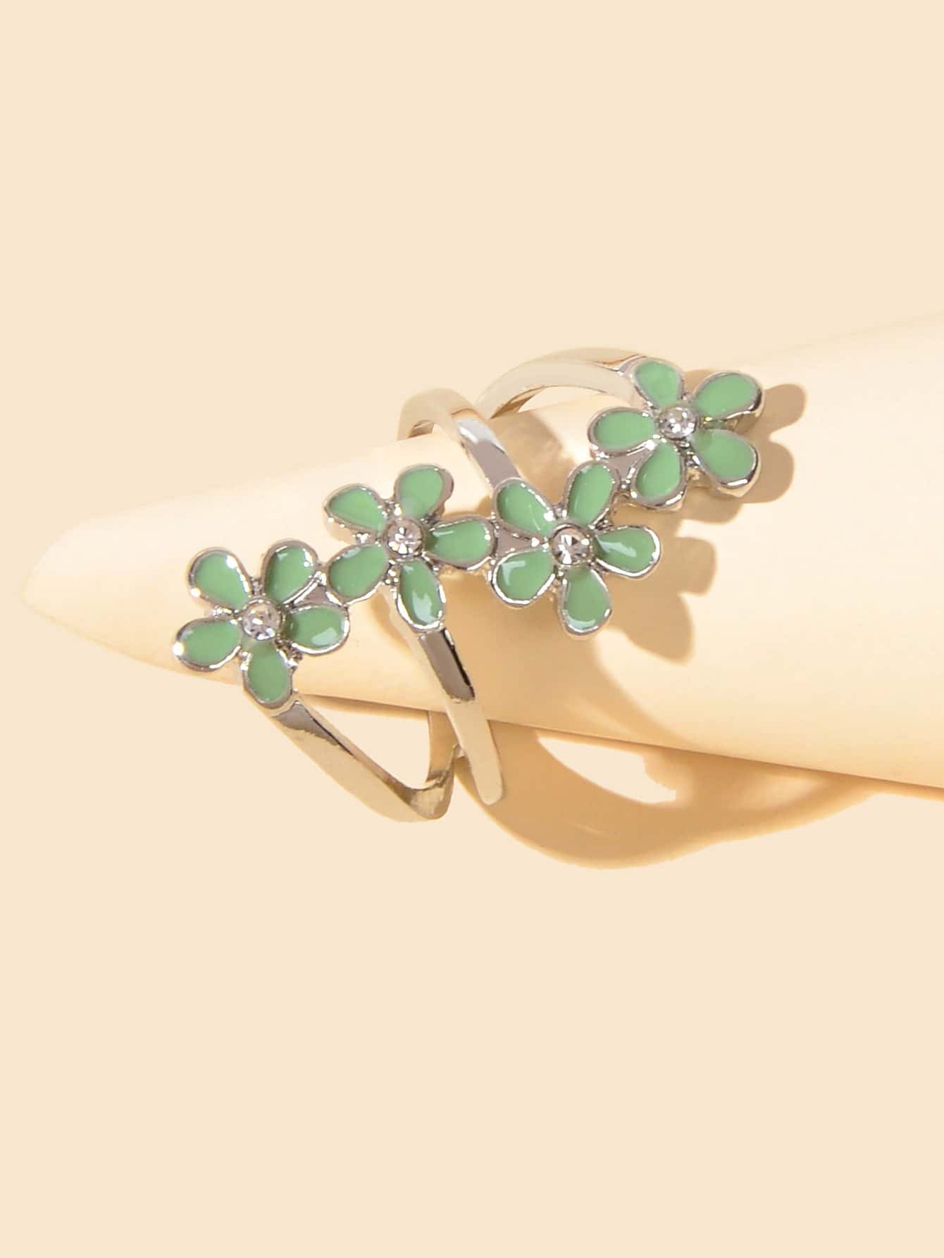 Anello Regolabile con Fiori Smaltati – Nero e Verde