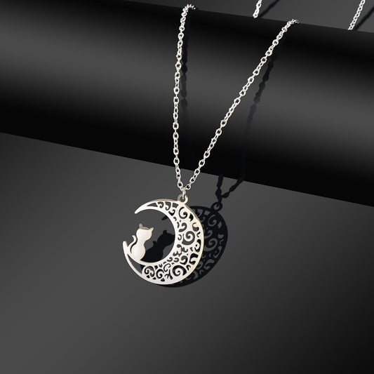 Collana Luna e Gatto in Acciaio Inossidabile – 47,5 cm