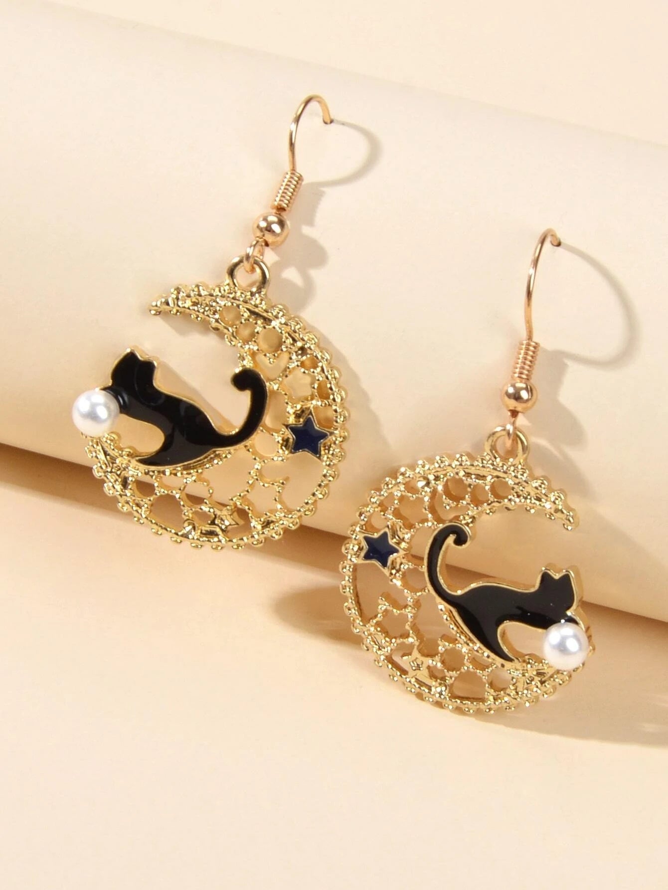 Orecchini Luna e Gatto Smaltati – Oro e Nero