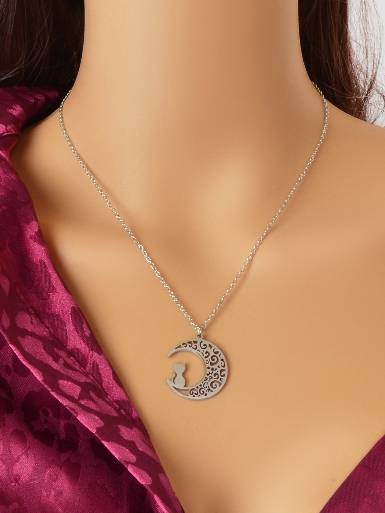 Collana Luna e Gatto in Acciaio Inossidabile – 47,5 cm