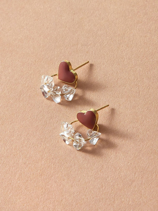 Orecchini Cuore Rosso con Perline Trasparenti – 2 cm